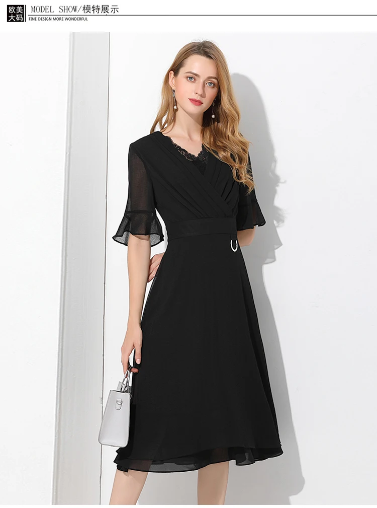 

Catwalk fashion show women's clothes show thin five-point lotus leaf sleeve V-collar medium and long chiffon dress in summer