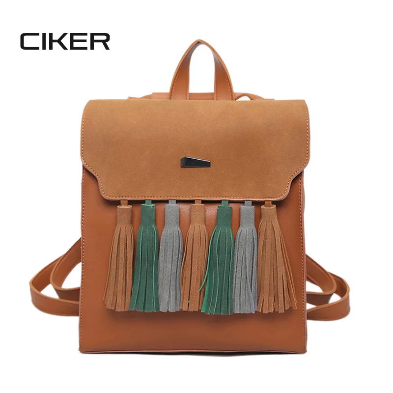 CIKER Fashion Tassel PU Leather Women Backpack Hit Color Square Vintage Backpacks For Teenage Girls Fashion
