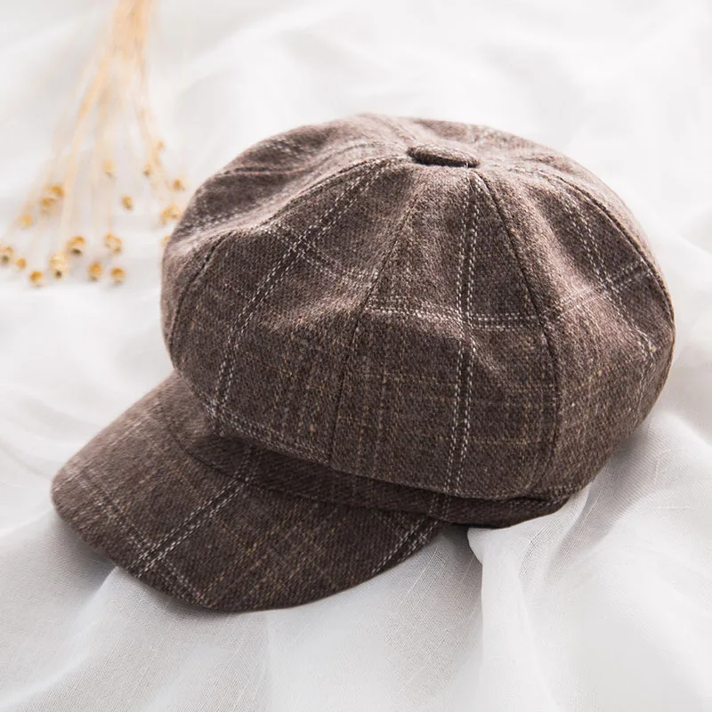 Женская восьмиугольная шляпа осенне-зимняя винтажная хлопоковый берет, повседневные шляпы Newsboy для девочек, Женская клетчатая восьмиугольная кепка - Цвет: Coffee