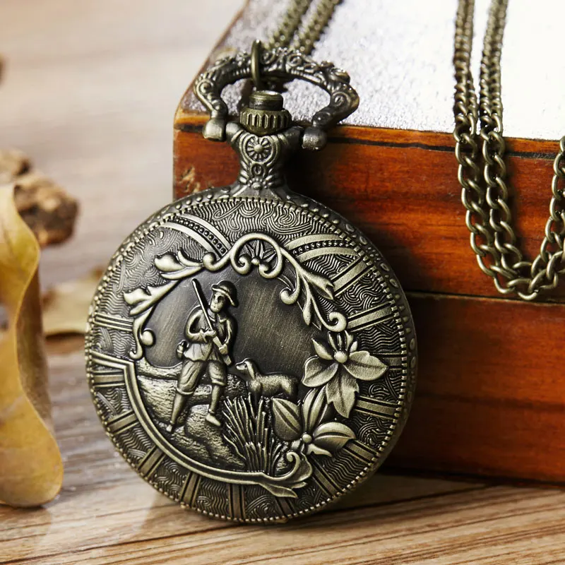 

Soldier Hunting Dog Pocket Watch Flower Laser Engraved Steampunk Quartz Fob Watches Men Women Necklace Clock with Chain reloj