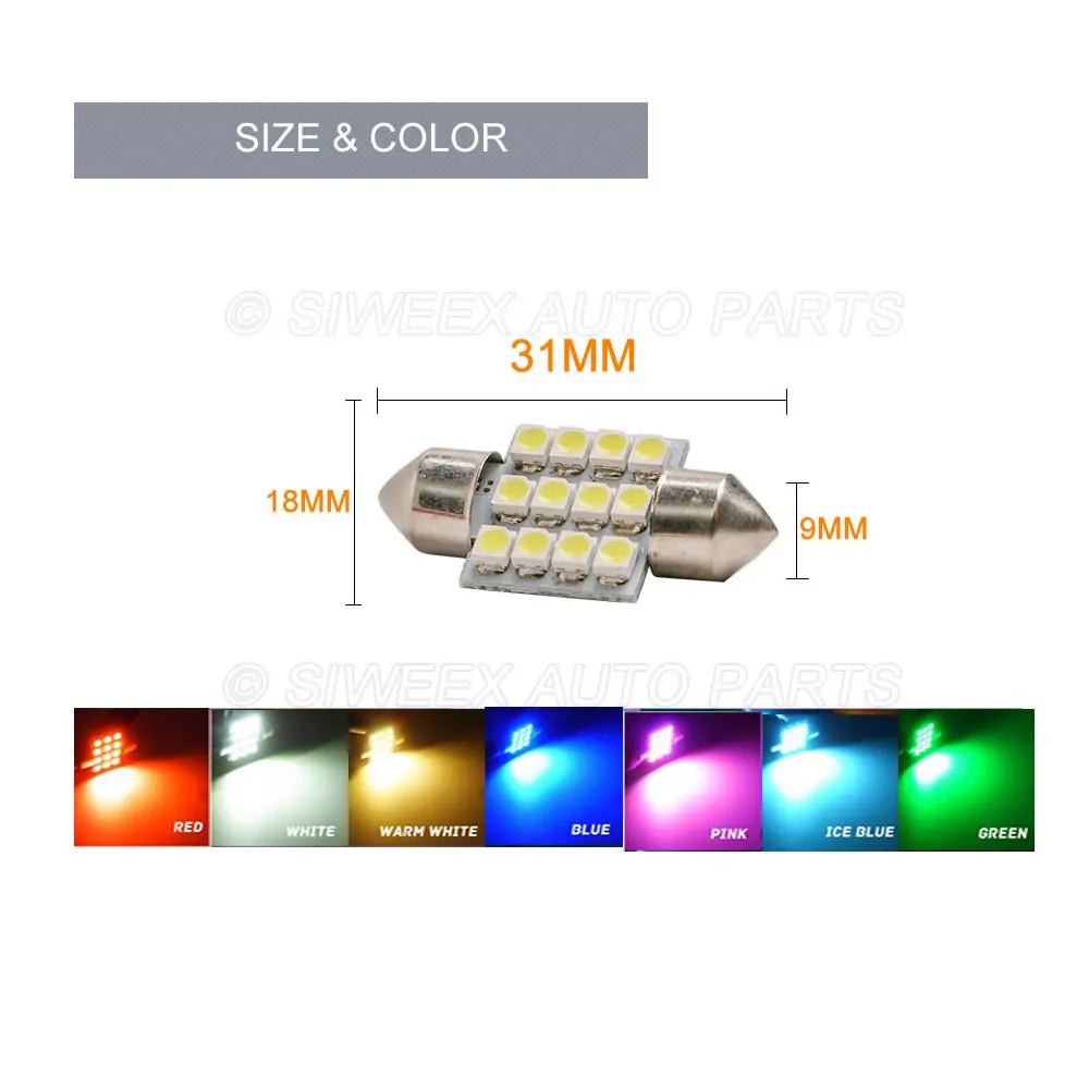 10 шт./партия 31 мм 12-3528 SMD светильник купольная лампа гирлянда для салона номерного знака светодиодный светильник DC 12 В красный/белый/синий/зеленый/розовый