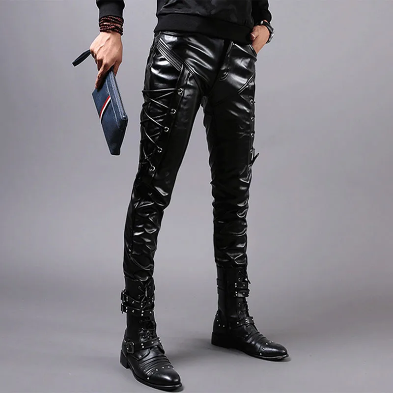 Mcikkny Men's Skinny Biker Leather Pants Fashion Faux Leather Motorcycle Trousers For Male Stage Club Wear  (1)