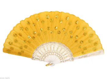 

Pretty Yellow Hand Held Folding Sequins Flower Lace Silk Wedding Decor Fan