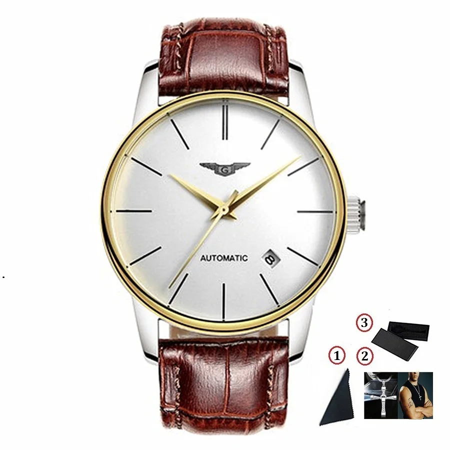 GUANQIN мужские часы Топ люксовый бренд механические часы для мужчин водонепроницаемые сапфировые кожаные мужские автоматические наручные часы - Цвет: Gold White Brown