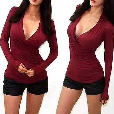 

NEW SEXY WRAP V-NECK PLUNGE DRAPE LOW CUT LONG SLEEVE STRETCH SHIRT BLOUSE TOPS new style Fashion Hot