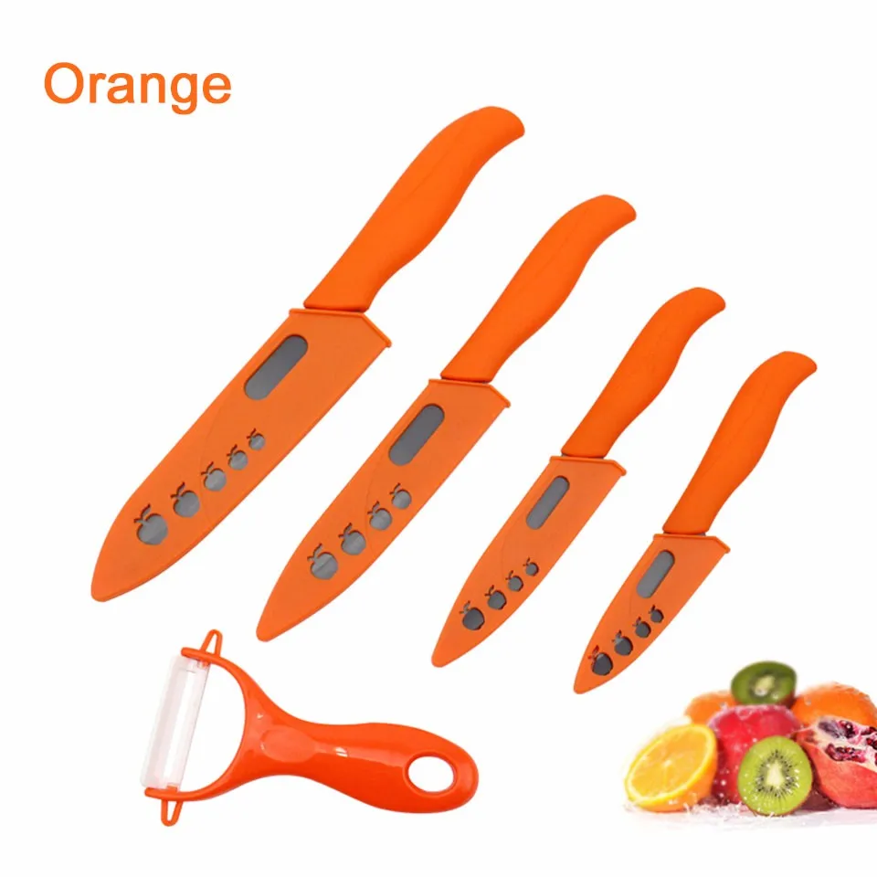 Кухонные ножи Керамические ножи " 4" " 6" дюймов+ Овощечистка черное лезвие циркония кухонные ножи для очистки овощей поварские ножи - Цвет: Orange
