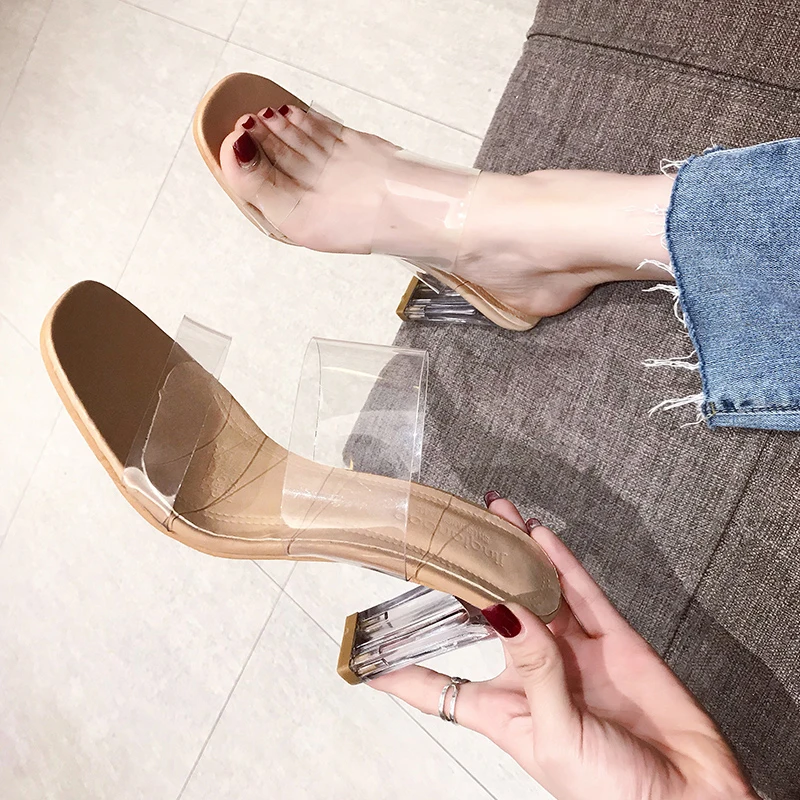 

Slides Transparent Slippers Jelly Flip Flops Shoes Square heel Women Heels Sliders Summer Glitter Soft 2019 Luxury High
