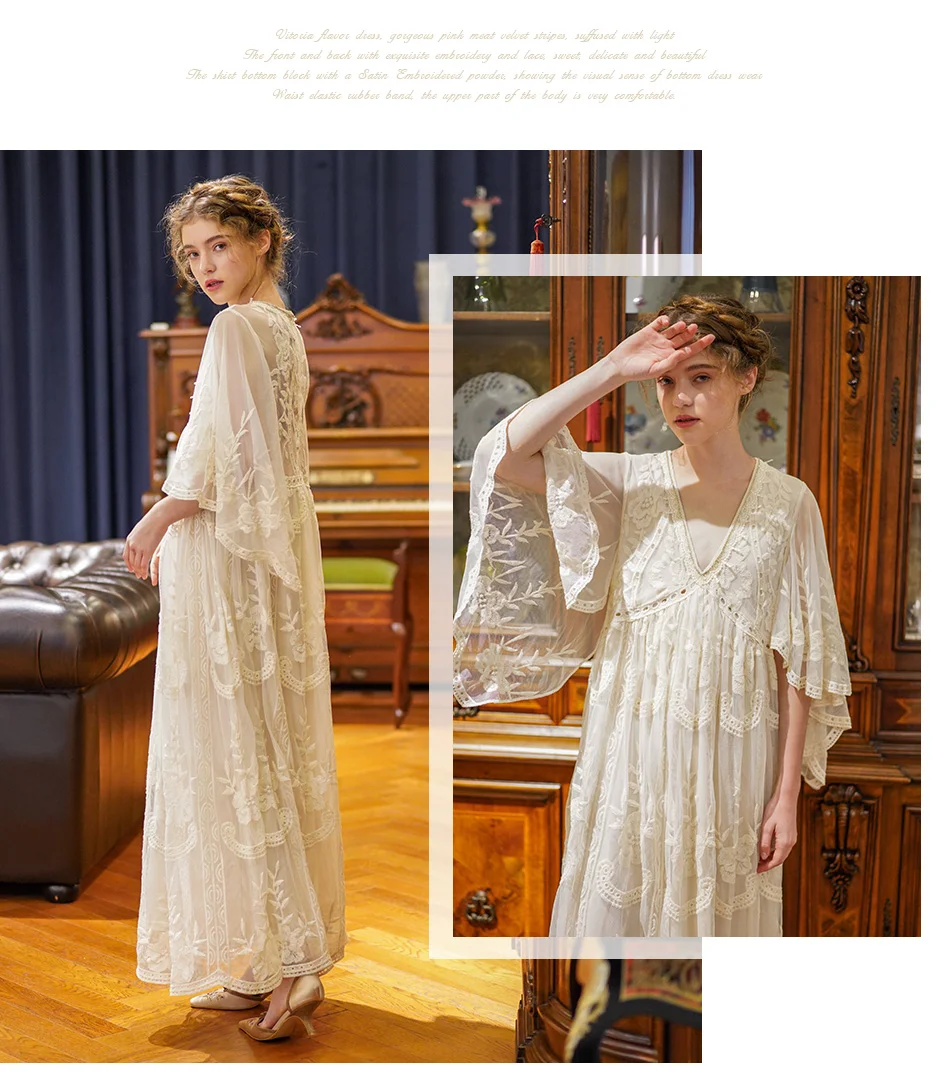 Spring Summer Women Elegant Casual Loose Exquisite Embroidery Lace Rice White Maxi Dress Vintage Mori Girls Long Mesh Dresses