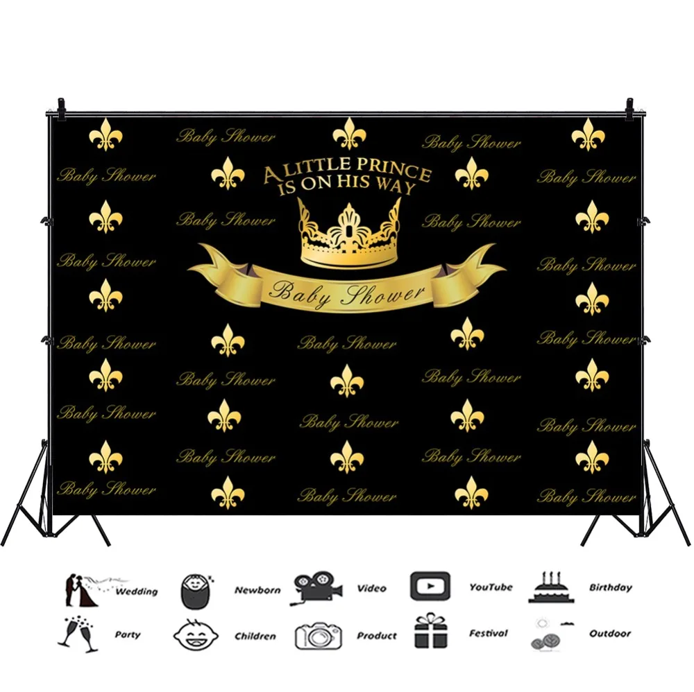 Laeacco Baby Shower Backdrops For Photography A Little Price Is On His Way Gold Crown Family Party Photo Backdrops Photo Studio