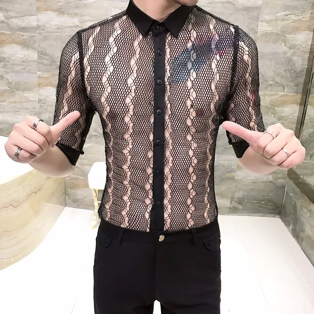 Ropa Sexy Hombre Lace Shirts Mens See through Shirts Mens Transparent