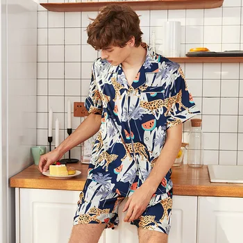 

Silky Home Wear Sleep Top Pants Set Mens Summer Robe Bath Gown Casual Male Nightgown Sleepwear Sleepshirts Pijama Mujer L-XXL