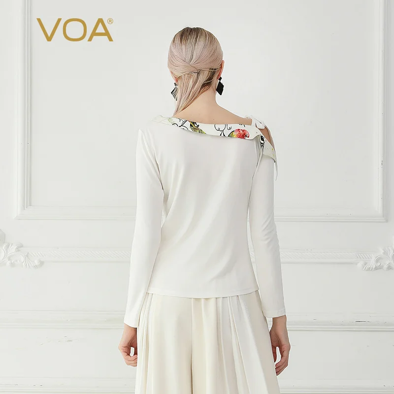 VOA Silk Knit T Shirt Autumn Long Sleeve White Office Ladies Tops Sexy OFF Shoulder Tee Women Sashes Bow Sweet Large Size B759 Tops