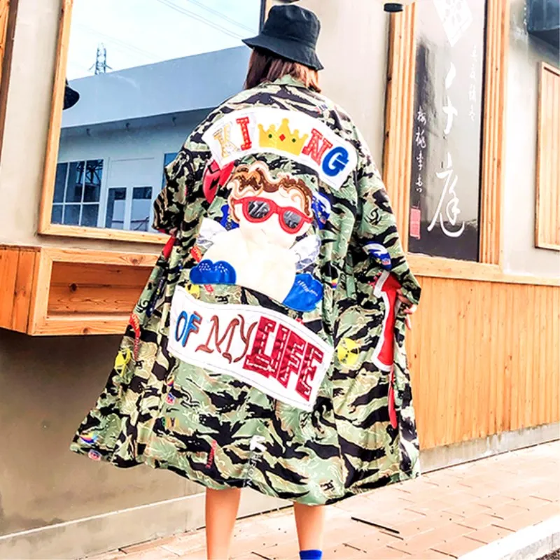 Панк Harajuku Для женщин камуфляж тонкий тренчи 2018 осень с длинным рукавом