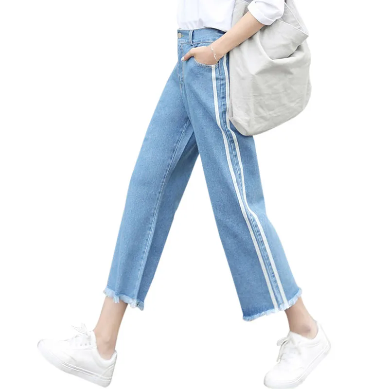 Белый край усы эффект Высокая Талия Джинсы для женщин Для женщин 2018 новые летние Повседневное джинсовые штаны Свободные синий Большие