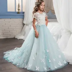 Платье с цветочным узором для девочек трапециевидной формы, с короткими рукавами, милое кружевное платье с шлейфом, с бабочкой, для