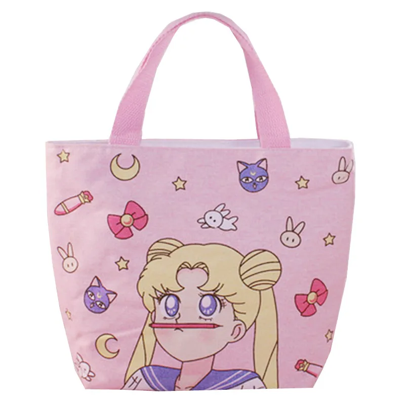 

Cute Cartoon Pink Sailor Moon Canvas Tote Bag Kids Lunch Bag for Girls School Women Small Handbag Lunchbox Picnic Food Bags