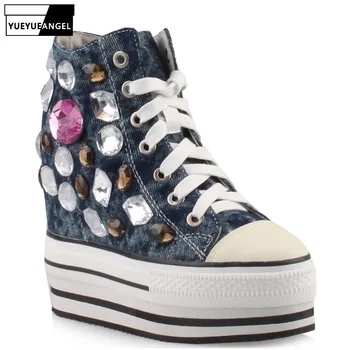 

2019 Spring Crystal Shoes Women 12CM Heels Platform Sneakers Beading Casual Denim Canvas Shoes High Top Wedge Zapatos Mujer