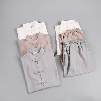 

linen Cotton Traditional Chinese Tang Suit Long Sleeve Set Kung Fu Clothes Uniform Shirt Coat Pants for Men