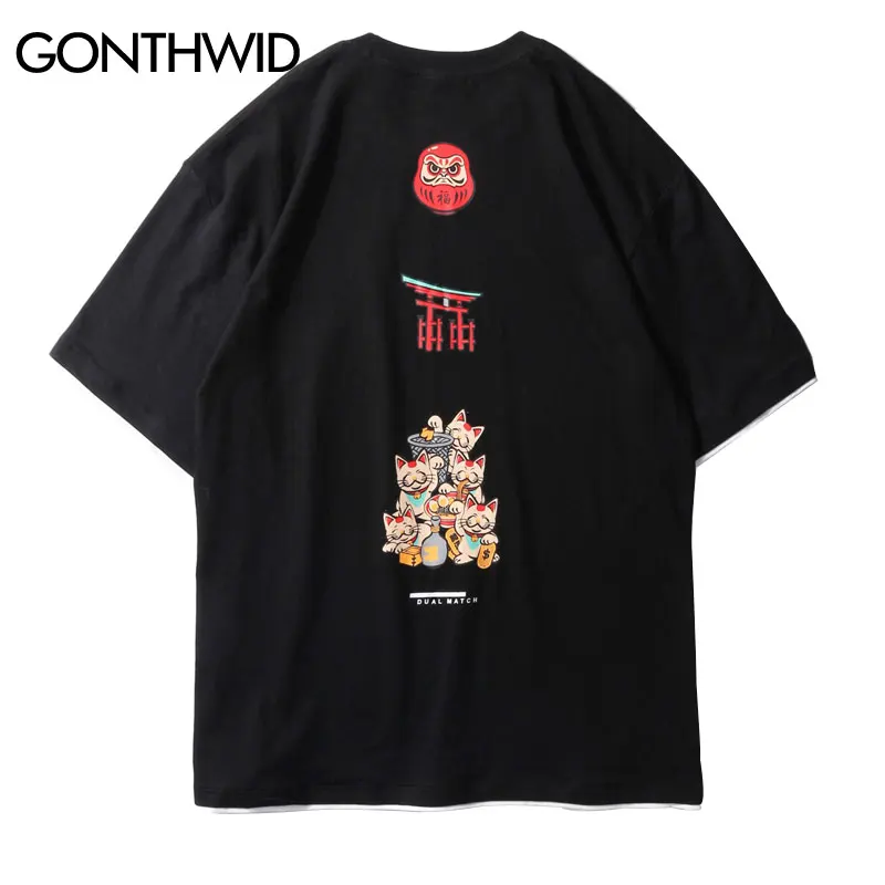 

GONTHWID False 2 Pieces Lucky Cats Print Streetwear Tshirts Summer Harajuku Casual Streetwear Tee Shirts Men Short Sleeve Tops