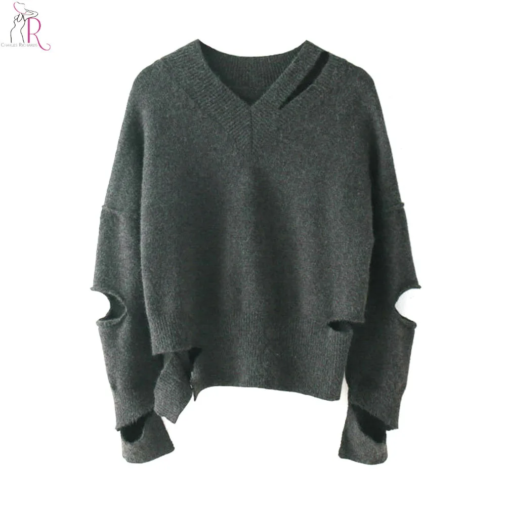 Gray Hollow Out V Neck Drop Shoulder Knitted Sweater Women Long Sleeve