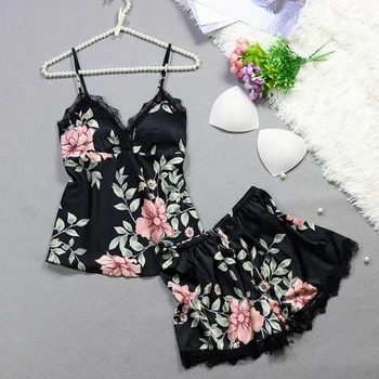 

Two Piece Set Women Printing Sleepwear Silk Pajamas Sexy Chest Pad Nightwear Women 2019 Summer Lace Homewear Women Lingerie