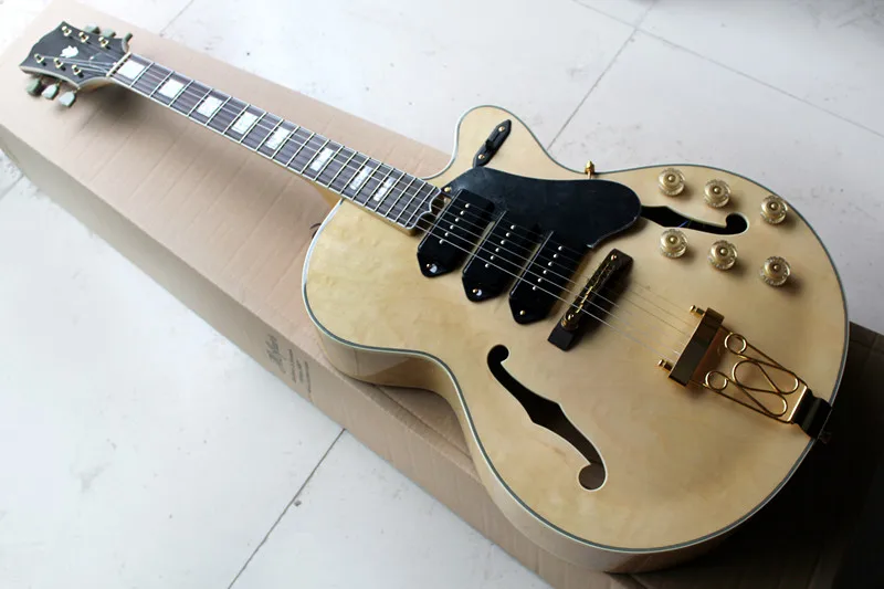 

Factory custom hollow body natural wood color 20 frets electric guitar with gold hardware,3 P90 pickups,can be customized