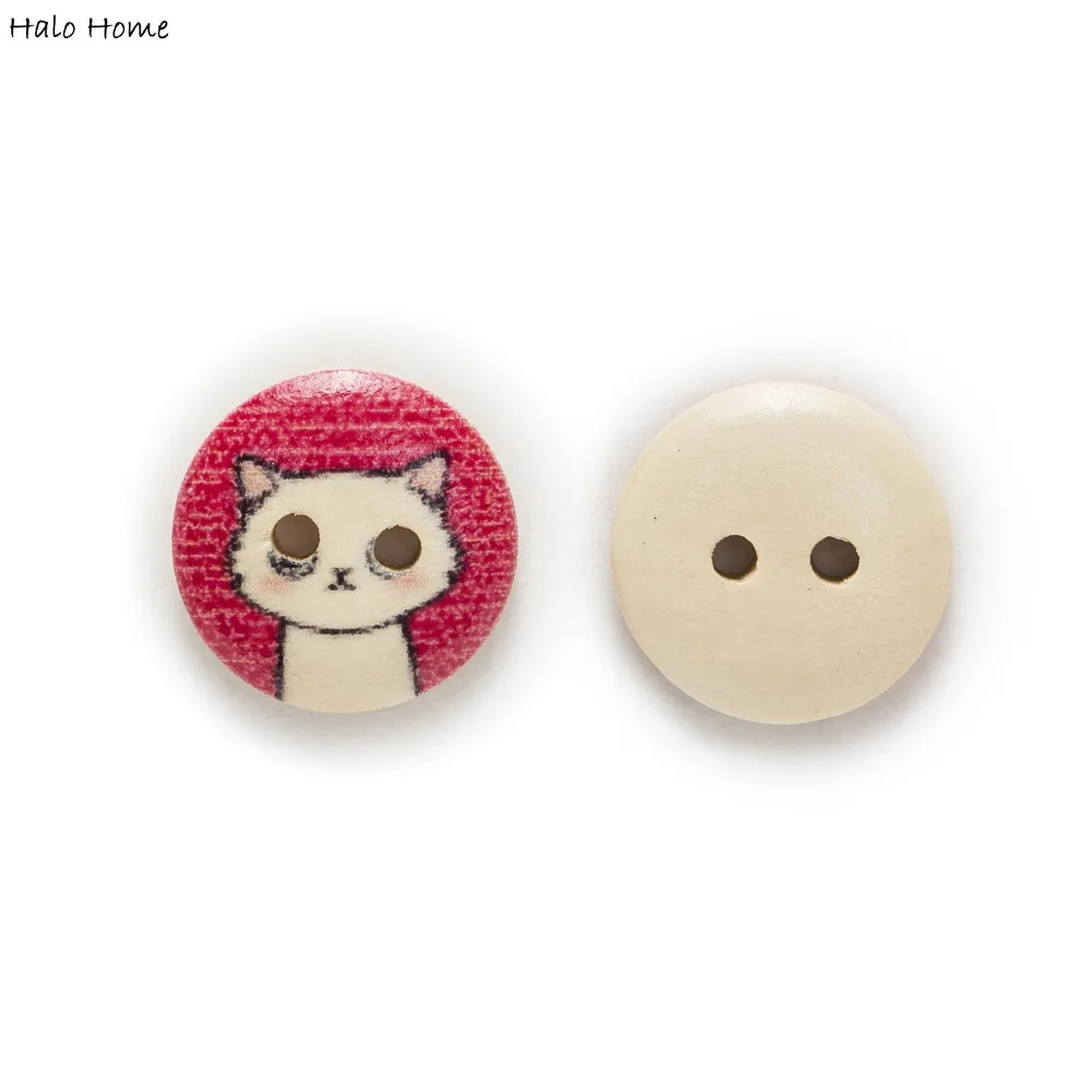 100PCs Mixed Natural Cartoon Cats 2 Hole Button Buttons 15mm