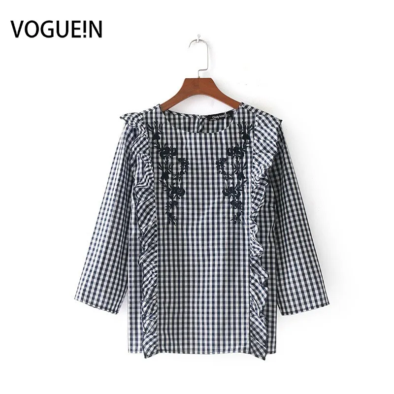 

VOGUEIN New Womens Checks & Plaids Floral Embroidery 3/4 Sleeve Ruffled Detail Pullover Blouse Shirt Tops Wholesale