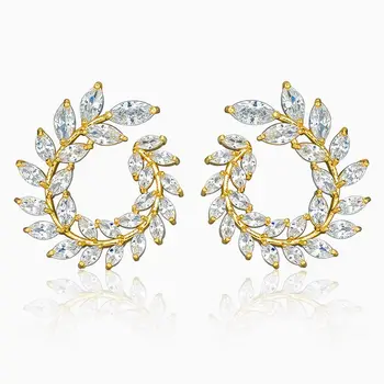 

Newness Luxury Cubic Zirconia Luxury Curved Wheat Feather Leaf Engagement Earrings Studs Jewelry Party Gift For Women