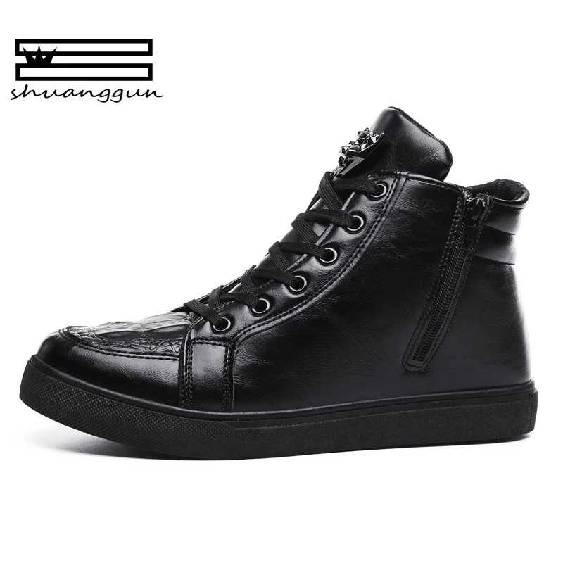 

SHUANGGUN 2018 Size 39-44 Men Winter Warm Boots Casual Shoes Men Fashion Plush Snow Boots Leopard head tongue decoration