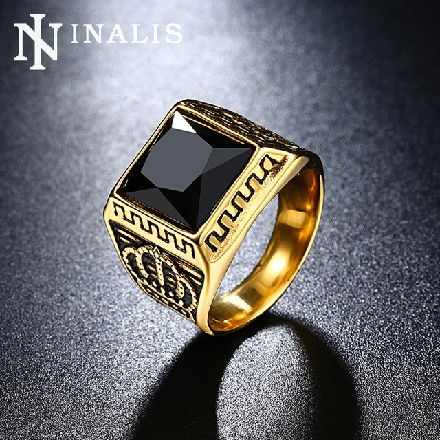 Classic Retro Rings for Men Black/Red Square Stone Titanium Steel