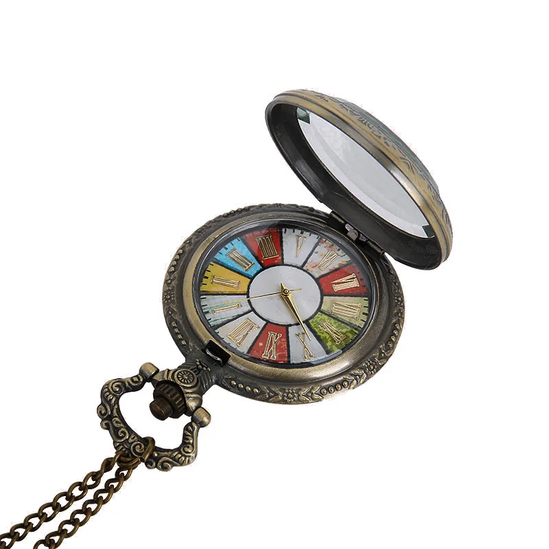 Retro Rome Number Bronze Colorful Dial Quartz Pocket Watch Necklace Pendant