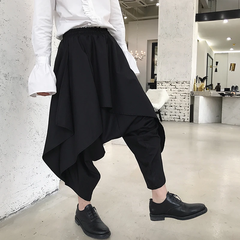 

Men fashion irregular laminated design harem pants gothic style drop crotch trousers mens hip hop baggy pants culottes wide leg