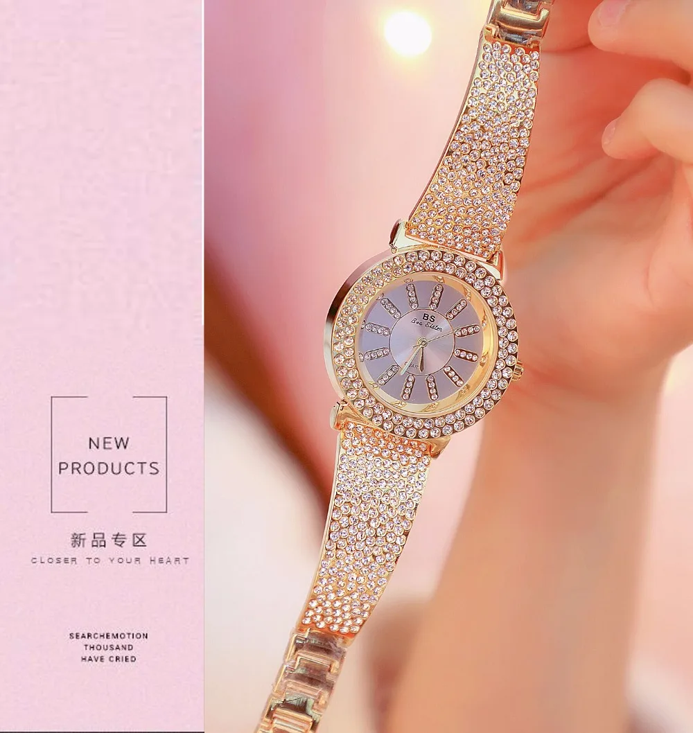 Роскошные женские часы Леди наручные часы с бриллиантами цвета: золотистый, Серебристый Нержавеющая сталь со стразами часы женские