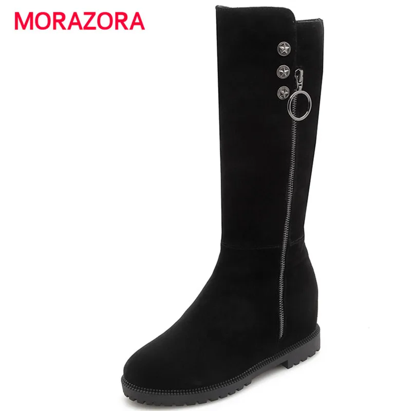 

MORAZORA 2018 new round toe cow suede leather boots fashion height increasing mid calf boots for women autumn winter snow boots