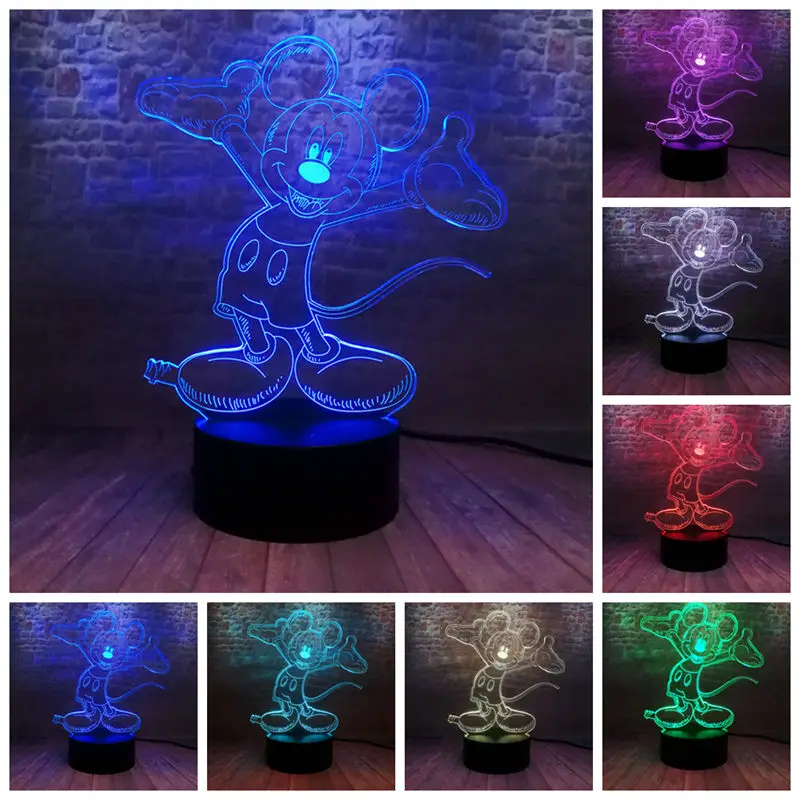 

Happy Mickey Mouse Anime Figuras Model 3D Nightlight LED 7 Colors Changing Light Figure Mickey Party Toys