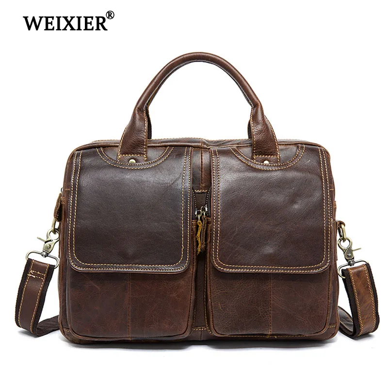 

WEIXIER Men Briefcases Genuine Cow Leather Vintage Handbag Briefcase Messenger Shoulder Bags Men's Business Bags High capacity