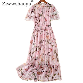 

Ziwwshaoyu Vacation Slim Elastic waist dresses O-Neck Lace Patchwork Ruffles elegant Slim dress New women's