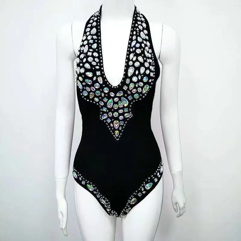 

7 Color Solid Sexy Bodysuit Skinny Beading V Neck Bandage Bodysuit Beach Suit
