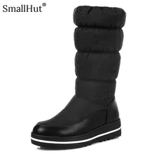 Зимние сапоги на платформе; женская зимняя элегантная обувь на плоской подошве; Модные женские теплые сапоги до середины икры с круглым носком из плюша; Цвет черный, синий; D075