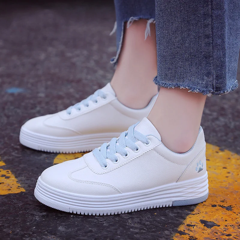 

2018 New Vulcanize Shoes Womens Lace Up Fashion Casual Shoes Leather Cartoon Animal White Sneakers Flat Platform Shoes Women