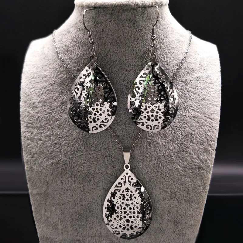 

2019 New Flower Stainless Steel Jewerly Set for Women Silver Color Earrings Statement Necklace Set Jewellery conjunto S178374