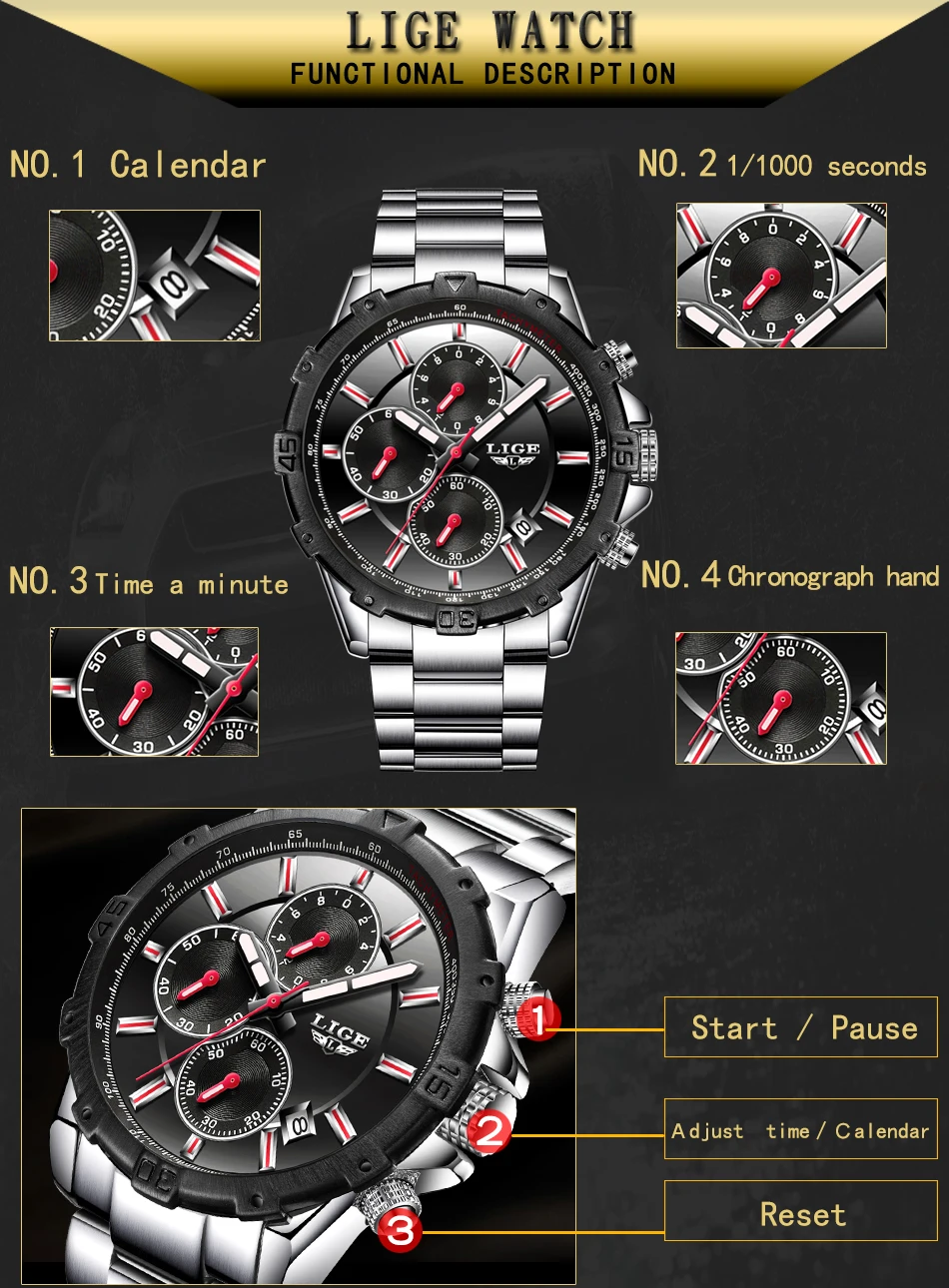 Lige top бренд 2019, Новая мода мужские часы Полный сталь бизнес хронограф дат кварцевые для мужчин подарки Relogio Masculino