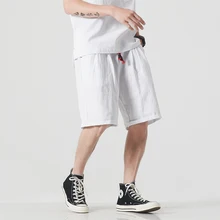 Мужские хлопковые льняные свободные повседневные однотонные шорты больших размеров, мужские пляжные брюки в японском стиле, уличные шорты в стиле хип-хоп