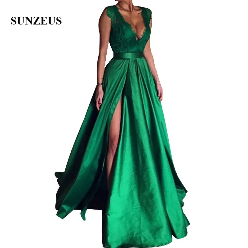 Женское вечернее платье Emerald Green длинное сатиновое А силуэта с треугольным