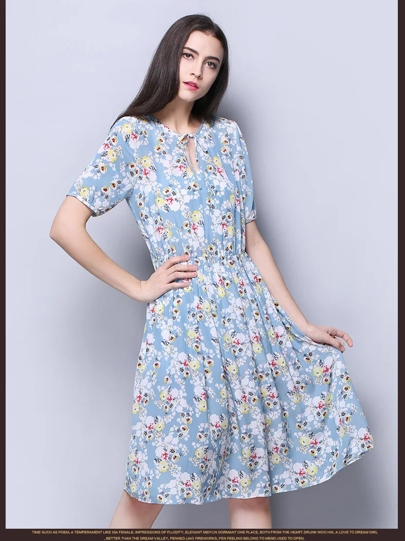 Шелк креп платье светильник синий цветочный принт короткий рукав летние платья оптом интернет магазин