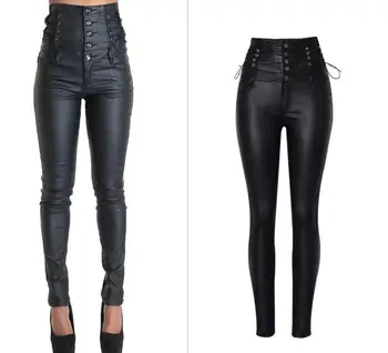 

European&American high-waisted PU leather pants Fashion women's stretch pencil pants Chic plus size XXL pants