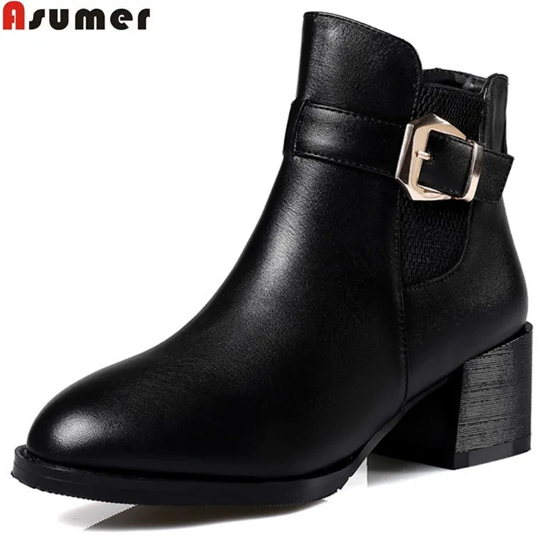 Kopen ASUMER fahsion nieuwe komen vrouwen laarzen zwarte rits gesp herfst winter lederen laarzen eenvoudige plus size 32 45 enkellaarsjes