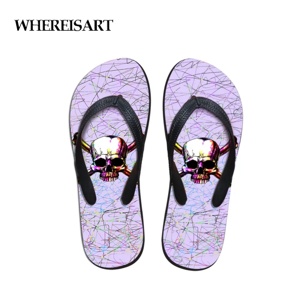 

WHEREISART Summer Ladies Flip Flops in Women's Sandals Skull Colorful Pattern Outside Beach Shoes Casual Female Fashion Slippers