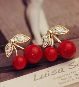 

2016 New Fashion Lovely Red Cherry Earrings Rhinestone Leaf Bead Stud Earrings For Woman Jewelry